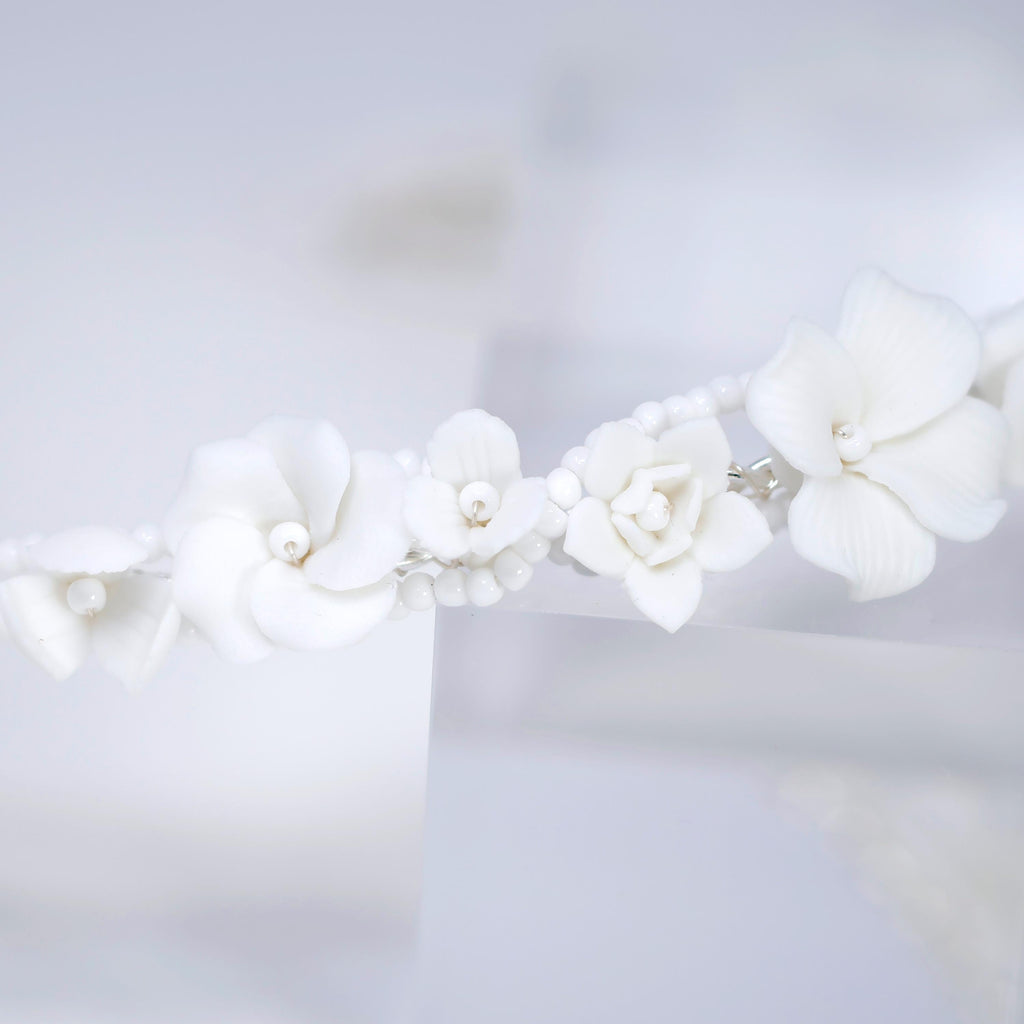 Faux Pearl Porcelain/Ceramic White Flower Floral Serenade Pearl Bridal Headband, Bridal Hair Vine, Delicate Headband, Hair accessories.