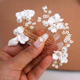 Ceramic White Flower Blossom Faux Pearl Set Of 4 Dainty Hair comb, Bridal Hair piece, Bridal Hair Accessories, Wedding Hair Accessory.