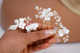 Ceramic White Flower Blossom Faux Pearl Set Of 4 Dainty Hair comb, Bridal Hair piece, Bridal Hair Accessories, Wedding Hair Accessory.