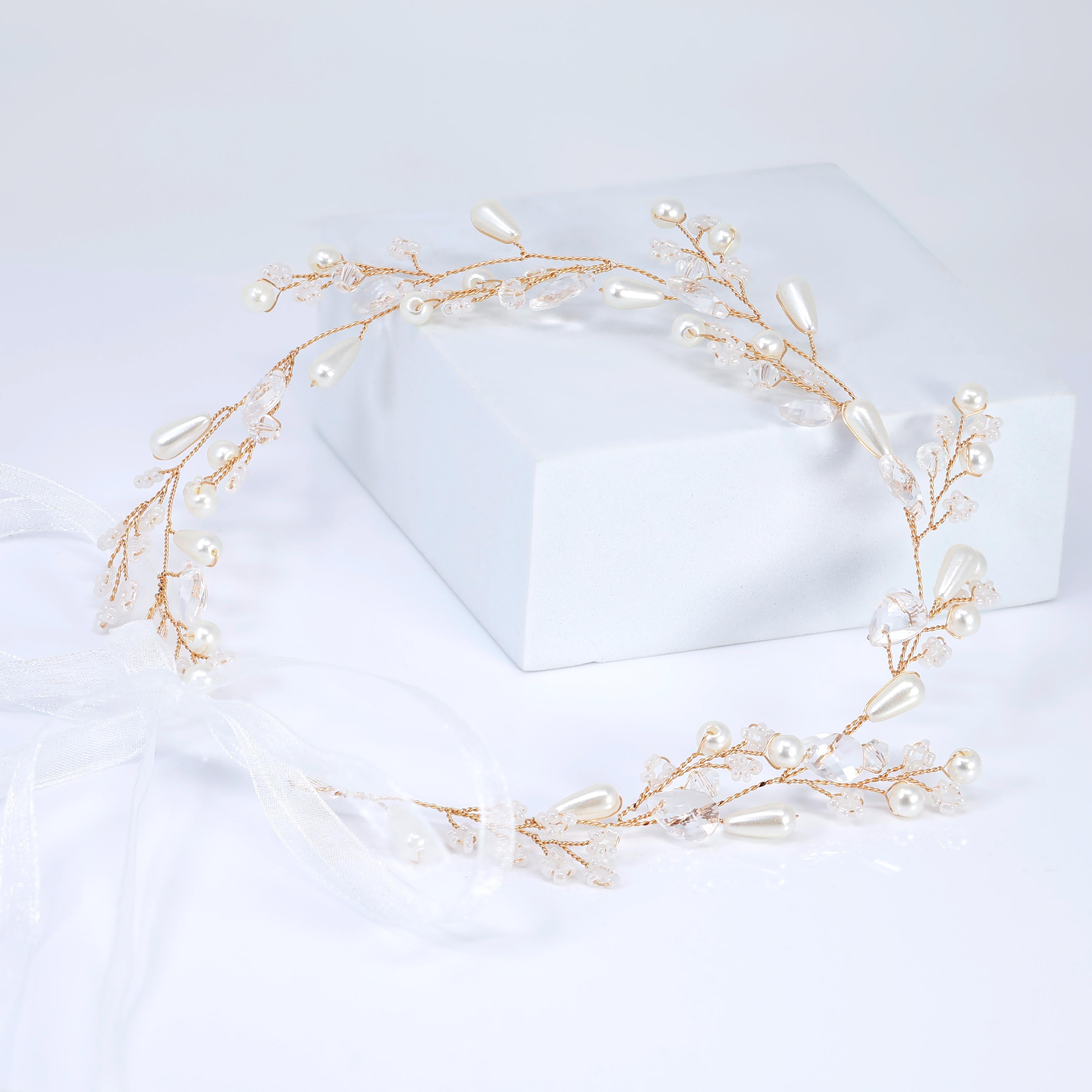 Ivory Willow Halo Faux Pearl And Crystals White Flower Pearl Bridal Headband, Bridal Hair Vine, Delicate Headband, Hair accessories.