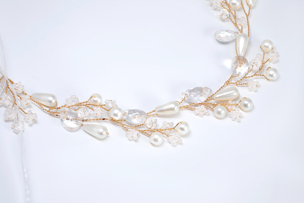 Ivory Willow Halo Faux Pearl And Crystals White Flower Pearl Bridal Headband, Bridal Hair Vine, Delicate Headband, Hair accessories.