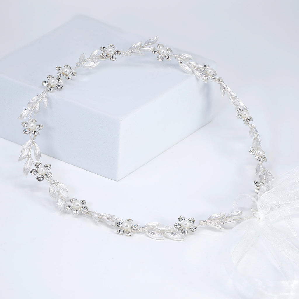 Silver Laurel Whisper Faux Pearl And Crystals Bridal Headband, Bridal Hair Vine, Delicate Headband, Hair accessories.