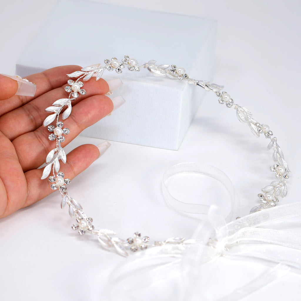 Silver Laurel Whisper Faux Pearl And Crystals Bridal Headband, Bridal Hair Vine, Delicate Headband, Hair accessories.