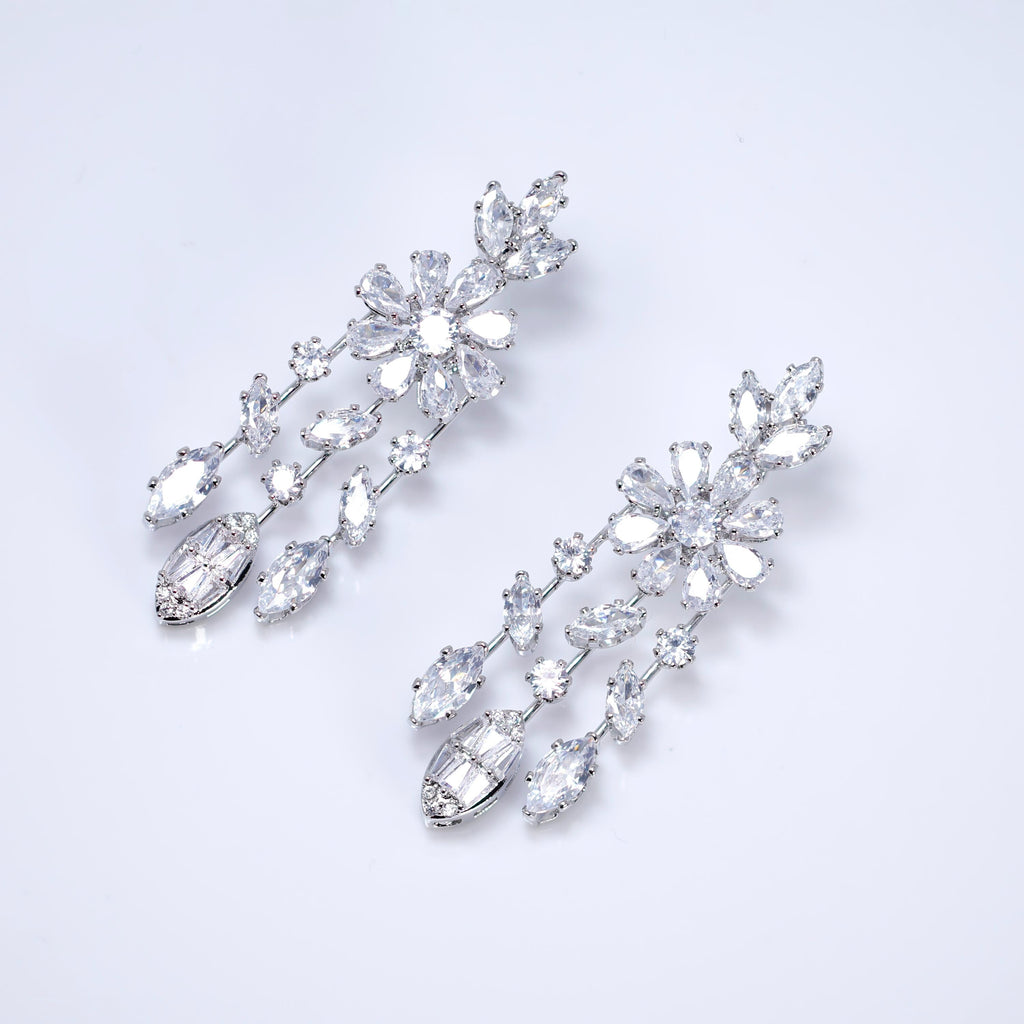 CZ Dainty Fleur d’Éclat Diamond Tassel Drop Crystal, Diamond Leaves Earrings, Long Bridal Jewelry, Bridal Earrings, Crystal Bridal Earrings