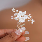 Ceramic White Flower Blossom Faux Pearl Set Of 4 Dainty Hair comb, Bridal Hair piece, Bridal Hair Accessories, Wedding Hair Accessory.