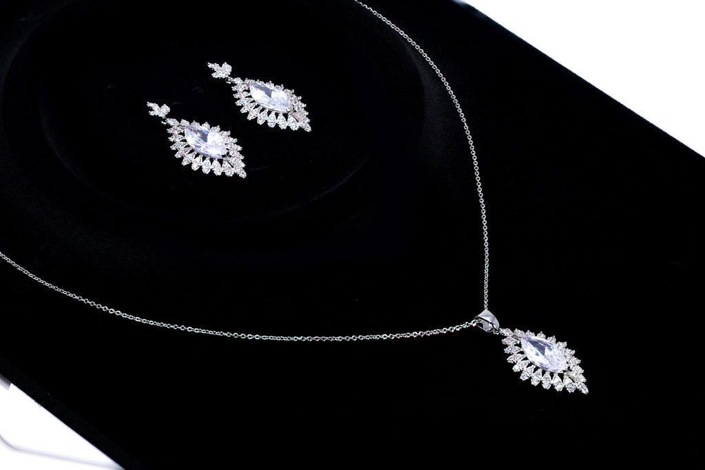 Cubic Zirconia Twilight In Your Eyes Dainty Teardrop Necklace And Earrings Set , Bridal Jewelry, Statement Earrings Cz, Necklace Set