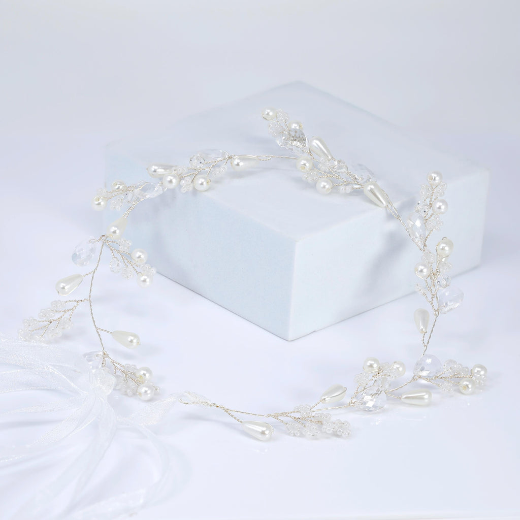 Ivory Willow Halo Faux Pearl And Crystals White Flower Pearl Bridal Headband, Bridal Hair Vine, Delicate Headband, Hair accessories.