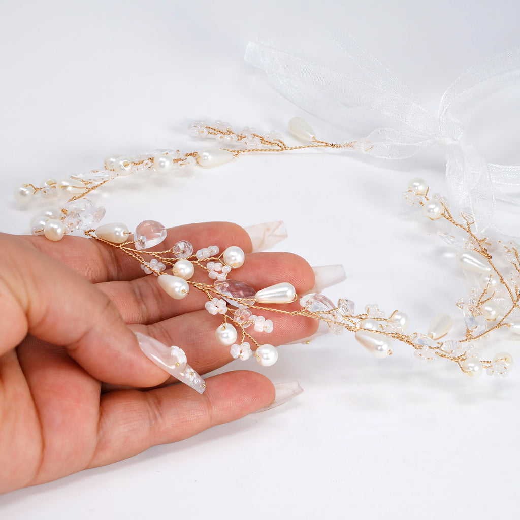 Ivory Willow Halo Faux Pearl And Crystals White Flower Pearl Bridal Headband, Bridal Hair Vine, Delicate Headband, Hair accessories.