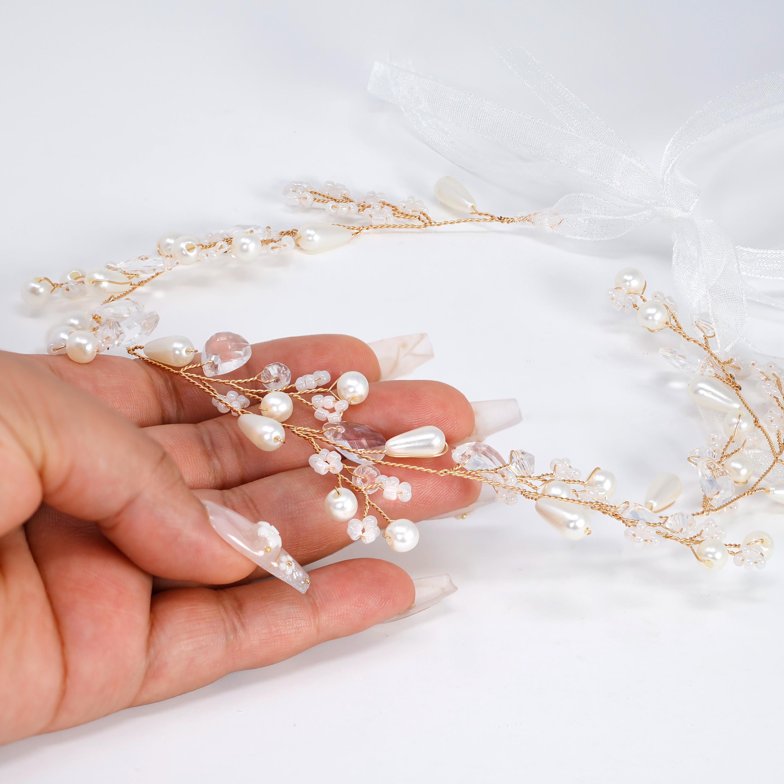 Ivory Willow Halo Faux Pearl And Crystals White Flower Pearl Bridal Headband, Bridal Hair Vine, Delicate Headband, Hair accessories.