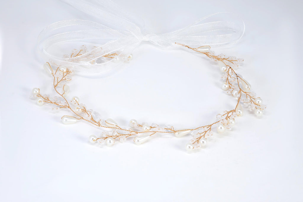 Ivory Willow Halo Faux Pearl And Crystals White Flower Pearl Bridal Headband, Bridal Hair Vine, Delicate Headband, Hair accessories.