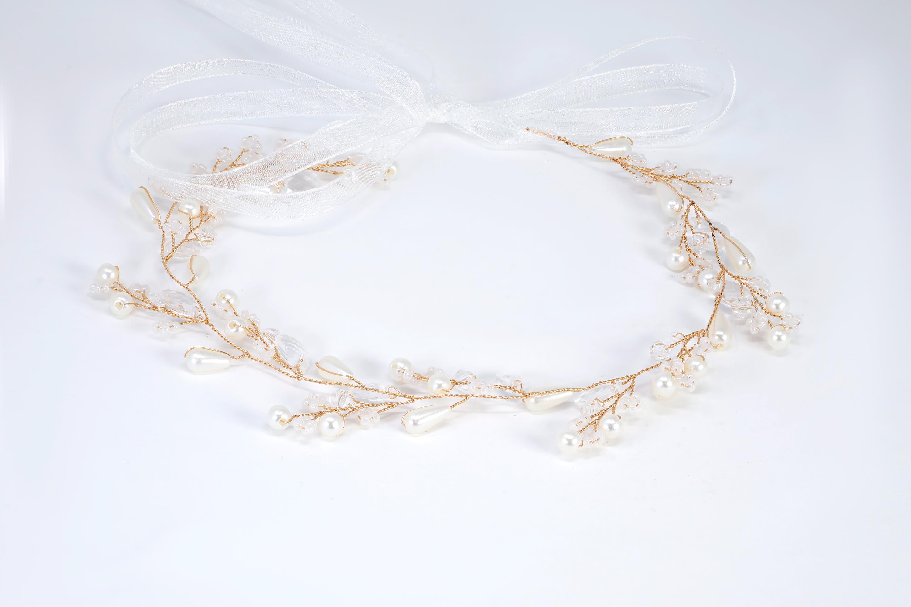 Ivory Willow Halo Faux Pearl And Crystals White Flower Pearl Bridal Headband, Bridal Hair Vine, Delicate Headband, Hair accessories.