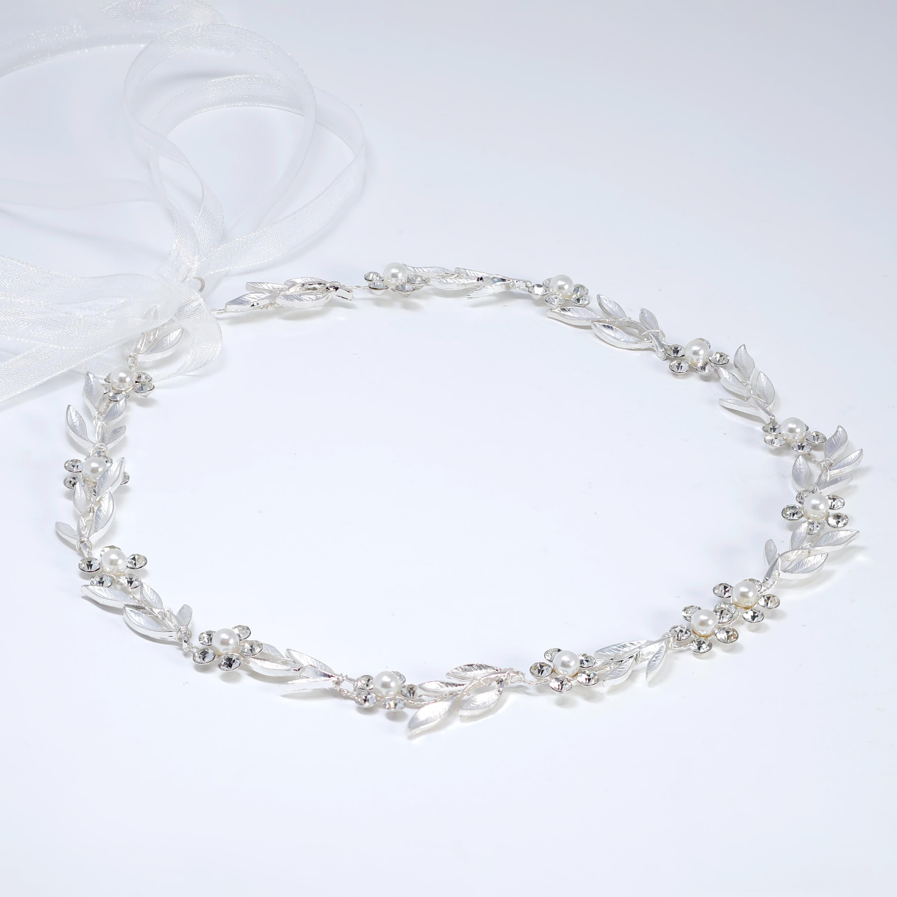 Silver Laurel Whisper Faux Pearl And Crystals Bridal Headband, Bridal Hair Vine, Delicate Headband, Hair accessories.