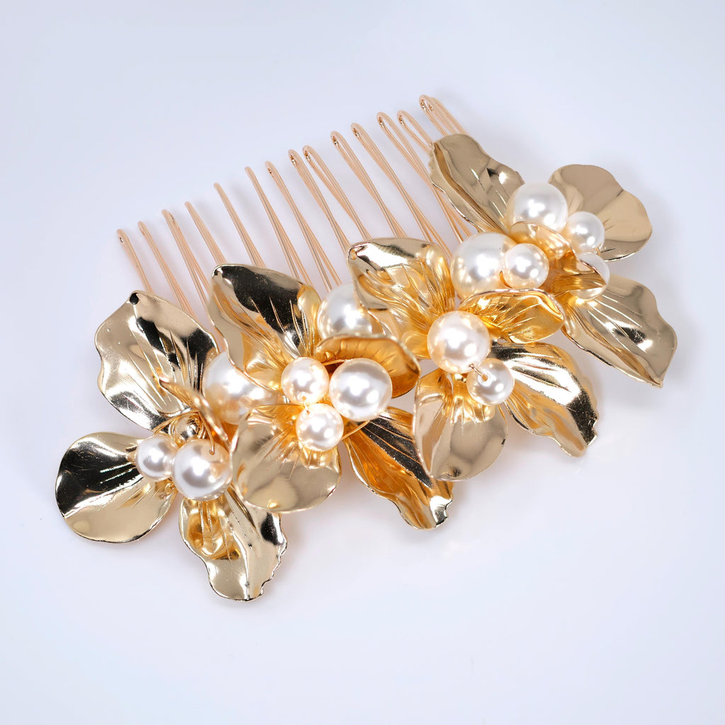 Golden Bloom Ensemble Faux Pearl Bridal Hair Pins And Comb Set, Bridal Hair Piece, Wedding Hair Accessory.