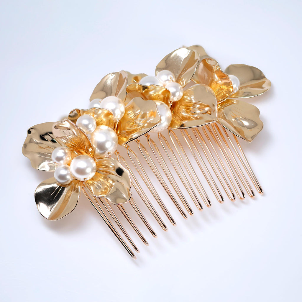 Golden Bloom Ensemble Faux Pearl Bridal Hair Pins And Comb Set, Bridal Hair Piece, Wedding Hair Accessory.