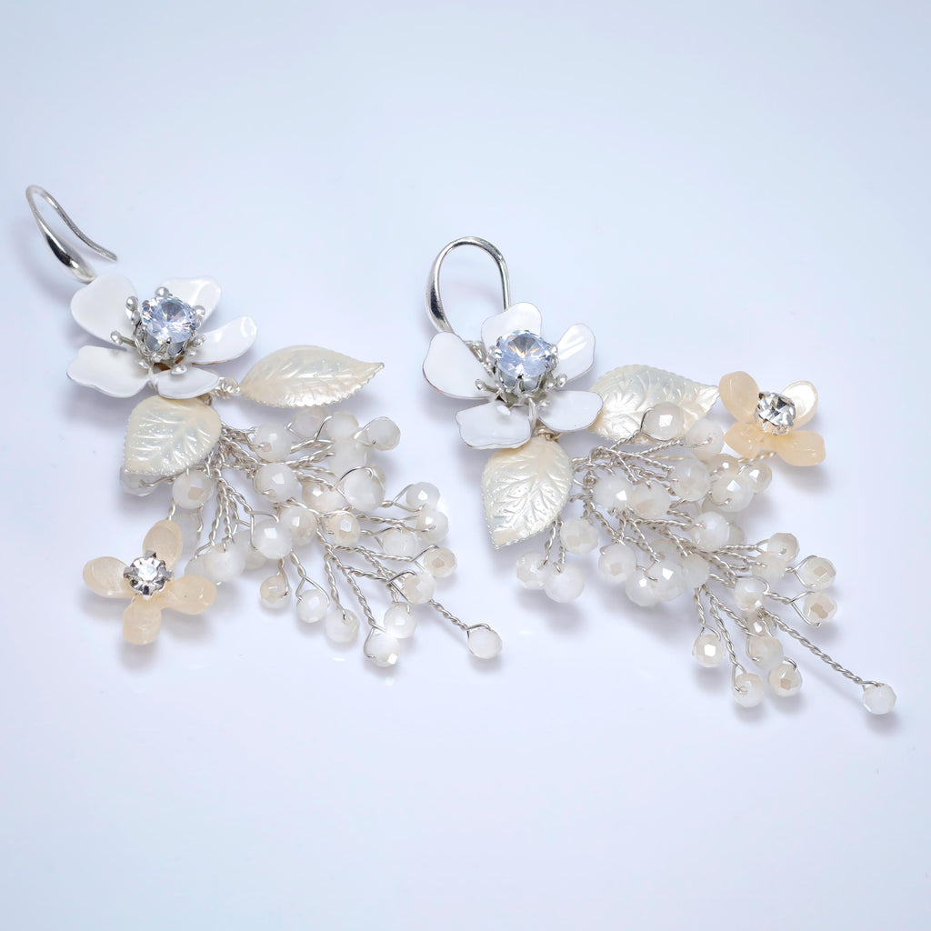 Swarovski Crystals Floral Showering Petals Bridal Earrings, Long Bridal Jewelry Bridal Earrings Clip On Earrings, Statement Earrings.