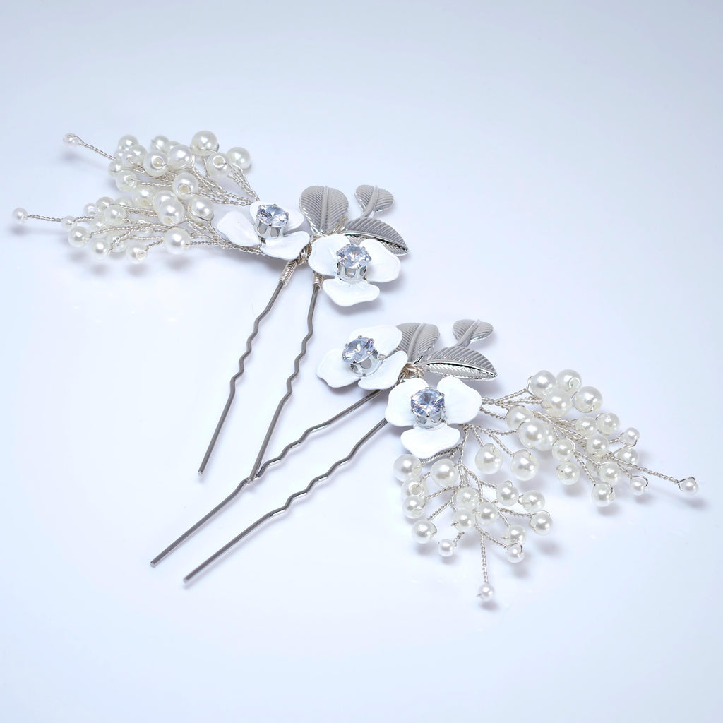 CZ Floral Showering Pearls Set of 2 Hair Pins Set , Faux Pearl Hair pins Set, Bridal Hair Accessories