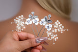 CZ Floral Showering Pearls Set of 2 Hair Pins Set , Faux Pearl Hair pins Set, Bridal Hair Accessories