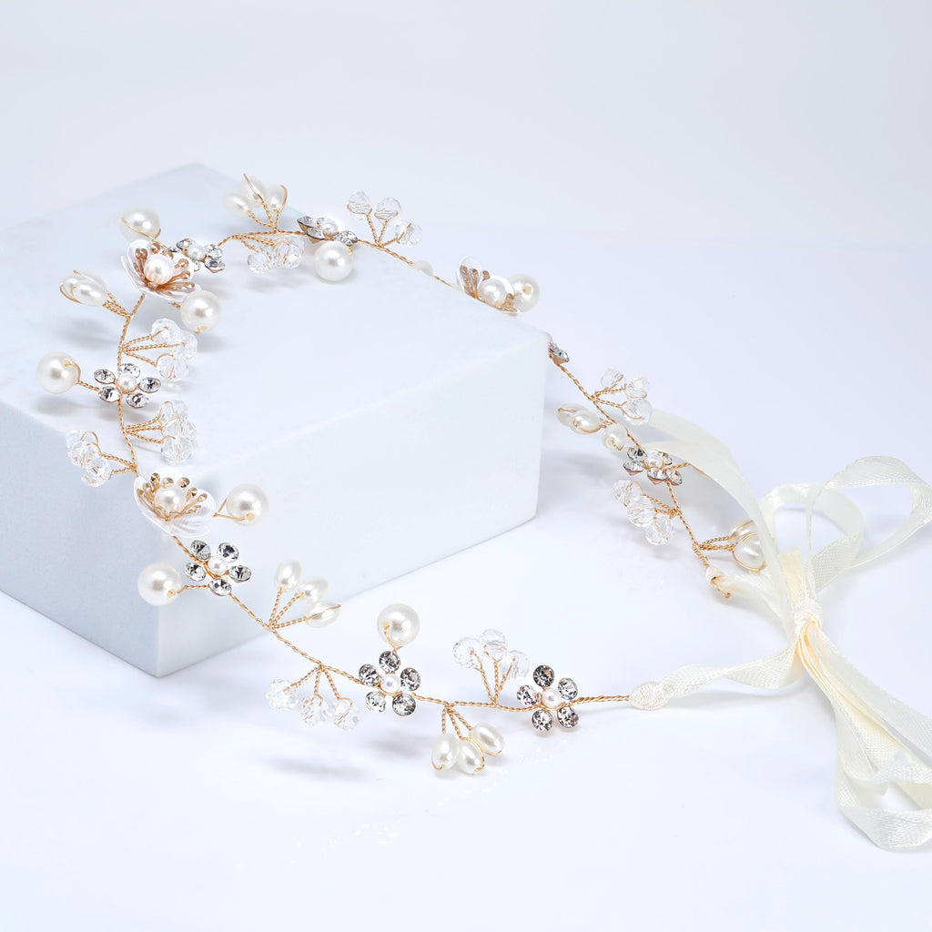 Dainty Faux Luster Pearls In Fairy's Floral Garden Bridal Headband, Bridal Hair Vine, Delicate Headband, Hair accessories.
