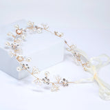 Dainty Faux Luster Pearls In Fairy's Floral Garden Bridal Headband, Bridal Hair Vine, Delicate Headband, Hair accessories.