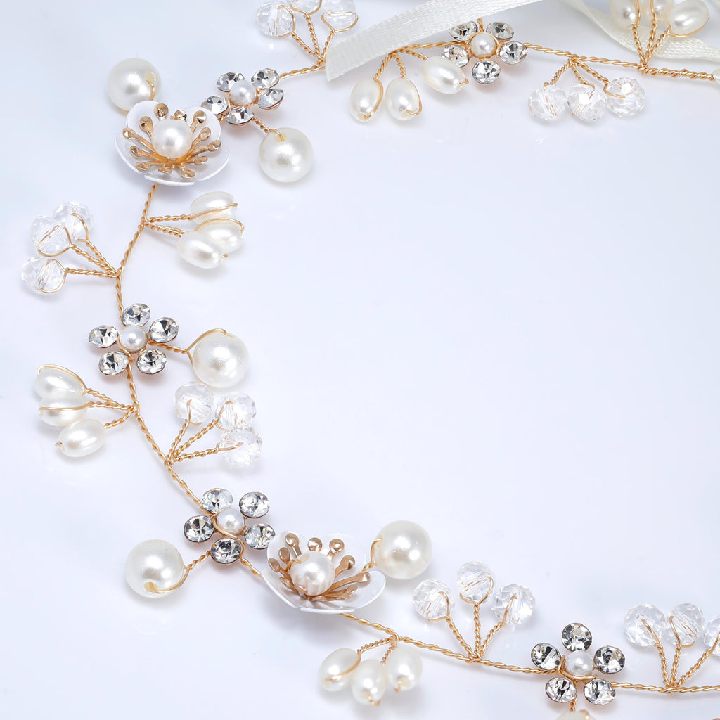 Dainty Faux Luster Pearls In Fairy's Floral Garden Bridal Headband, Bridal Hair Vine, Delicate Headband, Hair accessories.