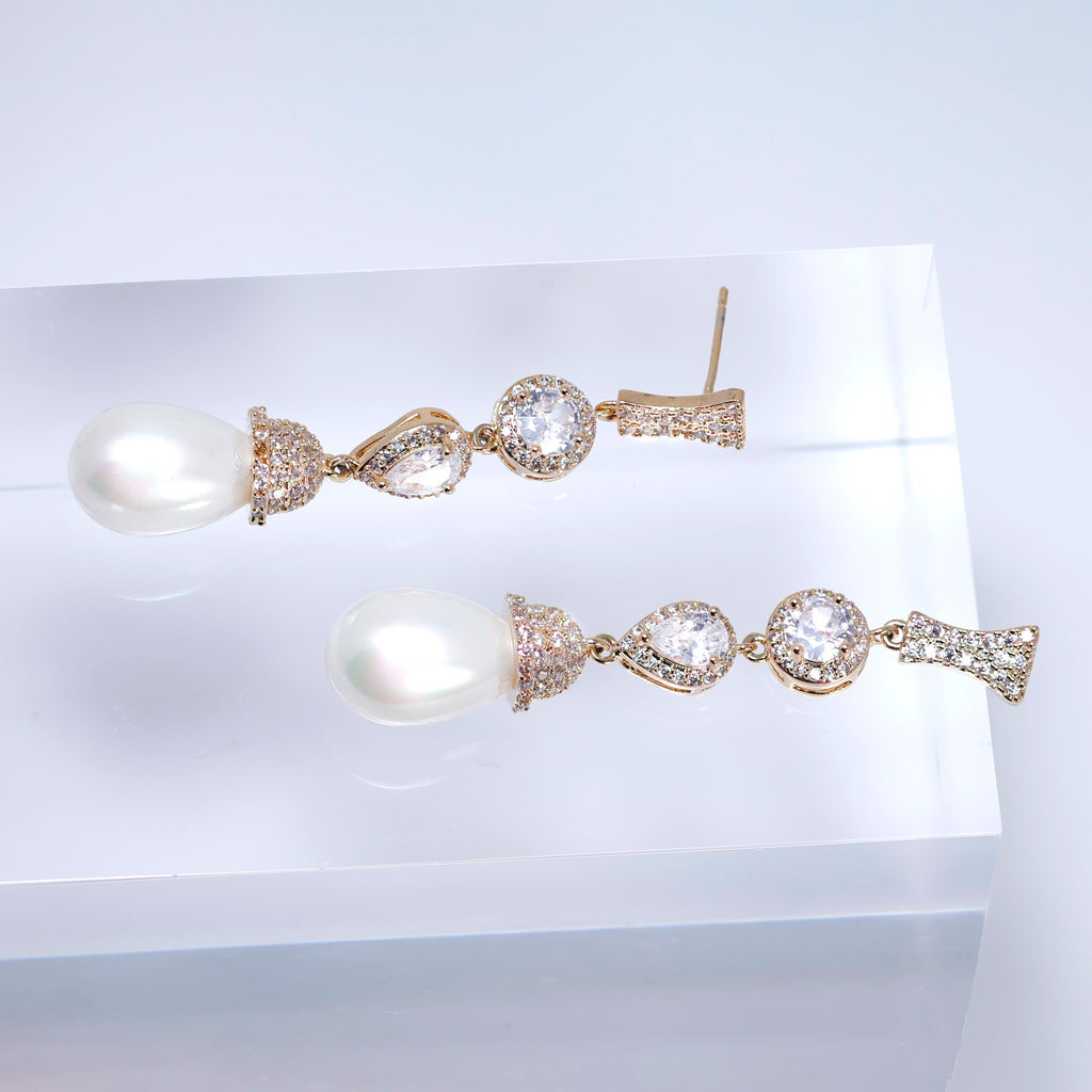 CZ Diamond Mini Pearl Drop Gold Plated Earring, Diamond Earrings, Long Bridal Jewelry, Crystal Bridal Earrings, Statement Earrings Cz