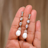 CZ Diamond Mini Pearl Drop Gold Plated Earring, Diamond Earrings, Long Bridal Jewelry, Crystal Bridal Earrings, Statement Earrings Cz