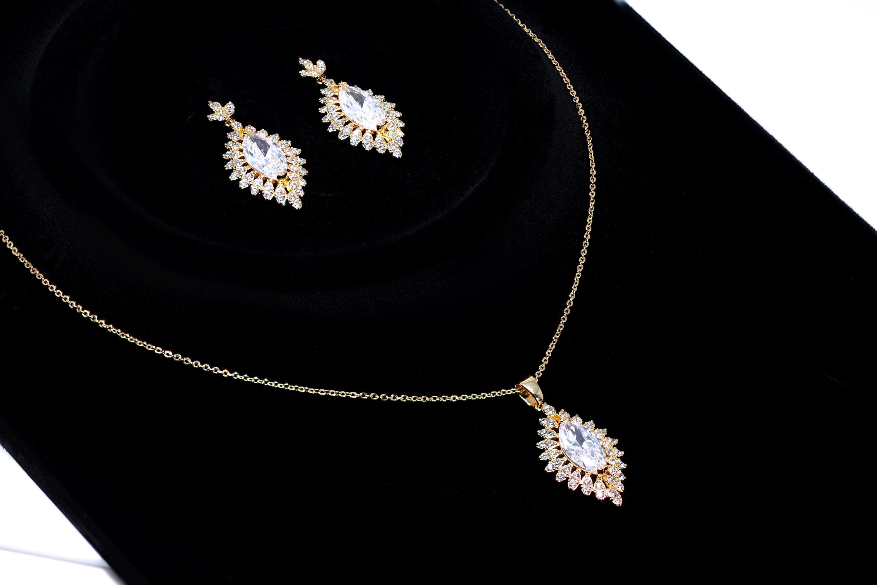 Cubic Zirconia Twilight In Your Eyes Dainty Teardrop Necklace And Earrings Set , Bridal Jewelry, Statement Earrings Cz, Necklace Set