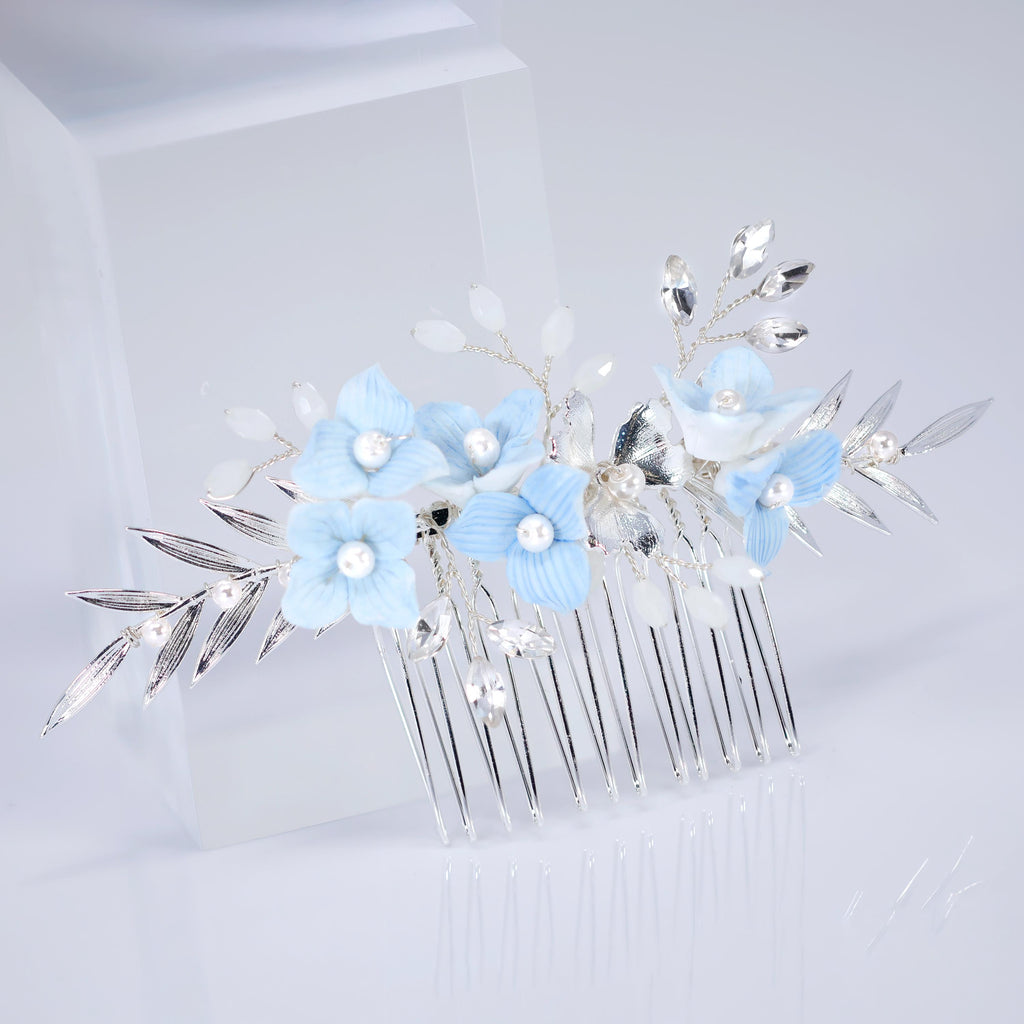 Morning Mist Blooms Something Blue Porcelain Flowers Bridal Hair Comb, Faux Pearl Hair Piece, Hair Accessories, Wedding Hair Accessory.