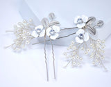 CZ Floral Showering Pearls Set of 2 Hair Pins Set , Faux Pearl Hair pins Set, Bridal Hair Accessories