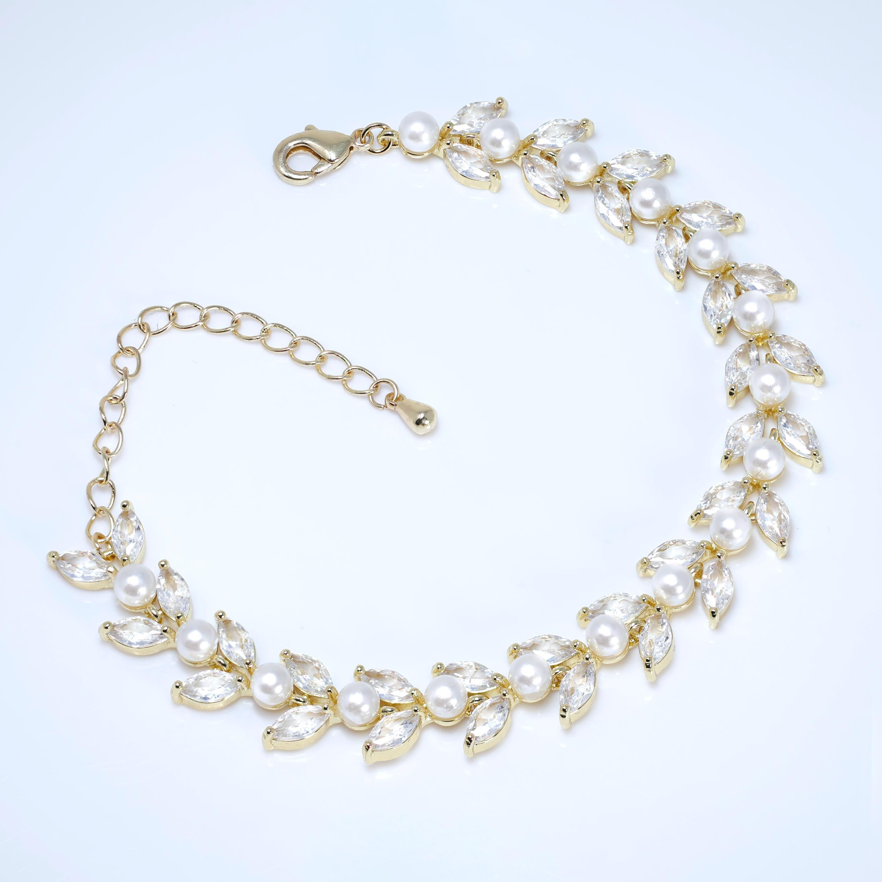 CZ Diamond Vine Leaves And Pearl Wedding Bracelet, Bridal Bracelet, Cubic Zirconia Bracelet, Bridal jewelry, Wedding Accessories