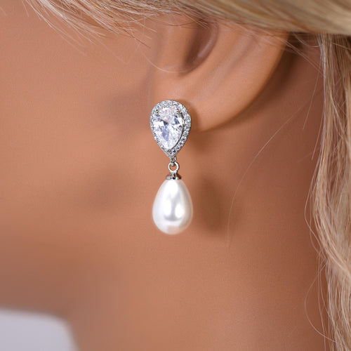 CZ Pearl Drop Necklace Set, Gift For Her, Bridesmaid Gift, Mother Of Bride/Groom Gift, Maid Of Honor Accessories.