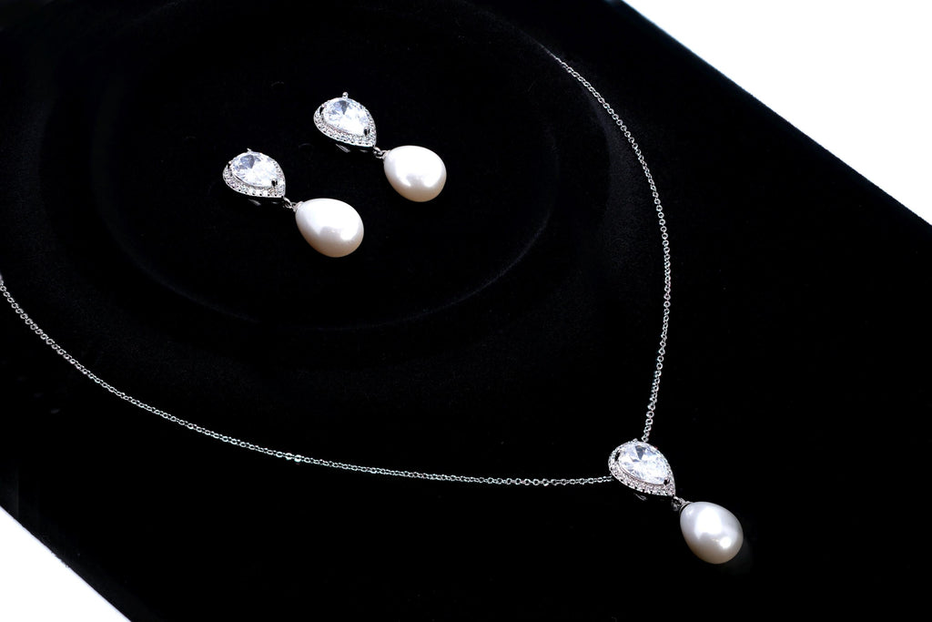 CZ Pearl Drop Necklace Set, Gift For Her, Bridesmaid Gift, Mother Of Bride/Groom Gift, Maid Of Honor Accessories.