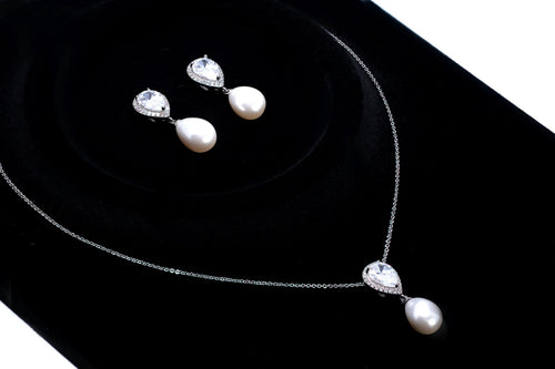 CZ Pearl Drop Necklace Set, Gift For Her, Bridesmaid Gift, Mother Of Bride/Groom Gift, Maid Of Honor Accessories.