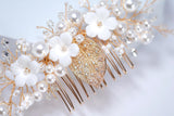 Ceramic White flower Pearls In Spring Light Hair comb, Bridal Hair piece, Bridal Hair Accessories, Wedding Hair Accessory.