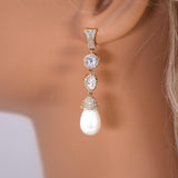 CZ Diamond Mini Pearl Drop Gold Plated Earring, Diamond Earrings, Long Bridal Jewelry, Crystal Bridal Earrings, Statement Earrings Cz