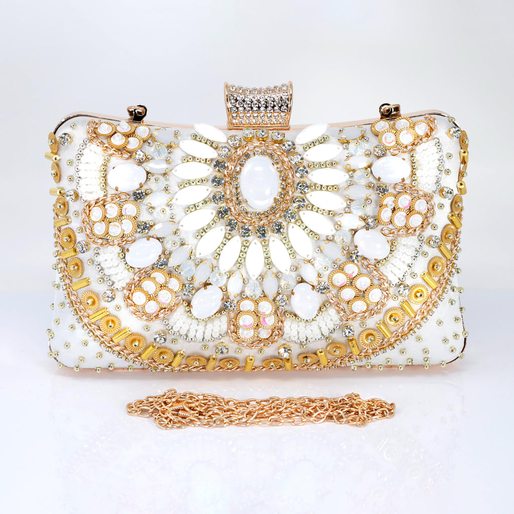 White Gold Floral Wedding Bag, Statement Bag, Evening Wedding Clutch, Bridal Clutch, Bridal Cross body bag.