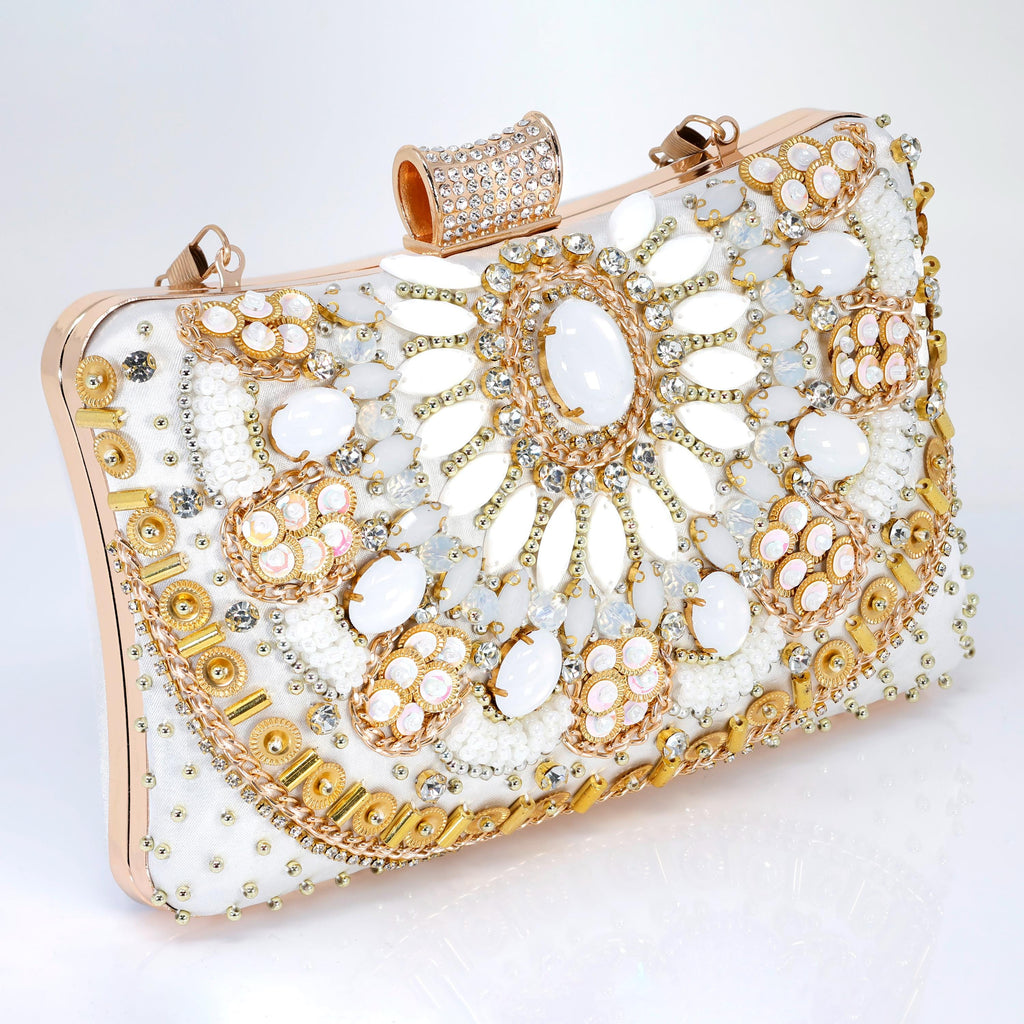 White Gold Floral Wedding Bag, Statement Bag, Evening Wedding Clutch, Bridal Clutch, Bridal Cross body bag.