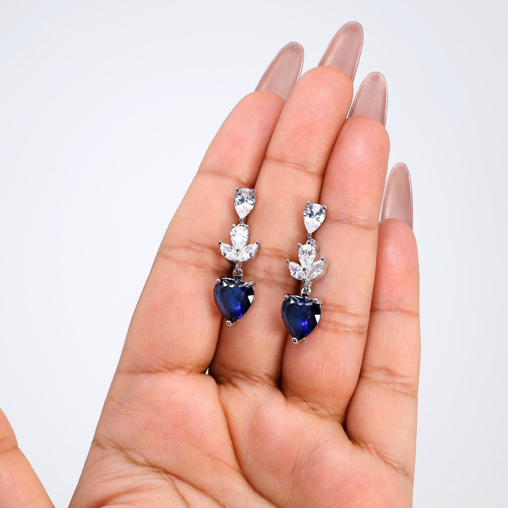 CZ Sapphire Dream Inspired By Blue Heart Of The Ocean Necklace Set, Long Bridal Jewelry, Titanic Statement Earrings.