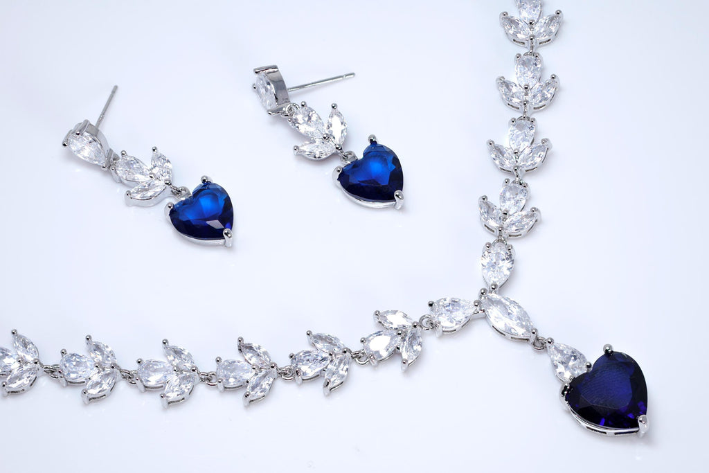 CZ Sapphire Dream Inspired By Blue Heart Of The Ocean Necklace Set, Long Bridal Jewelry, Titanic Statement Earrings.