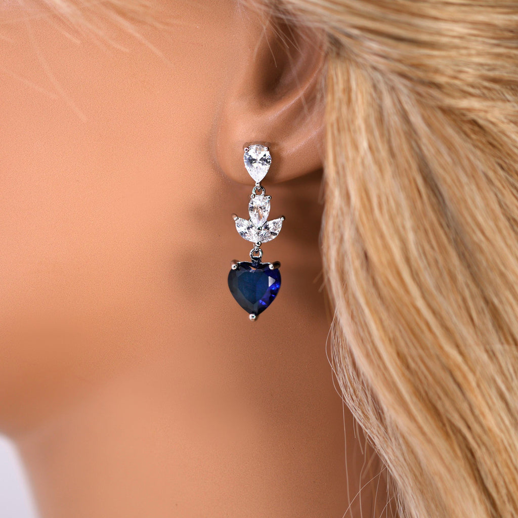 CZ Sapphire Dream Inspired By Blue Heart Of The Ocean Necklace Set, Long Bridal Jewelry, Titanic Statement Earrings.