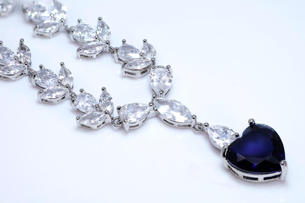 CZ Sapphire Dream Inspired By Blue Heart Of The Ocean Necklace Set, Long Bridal Jewelry, Titanic Statement Earrings.