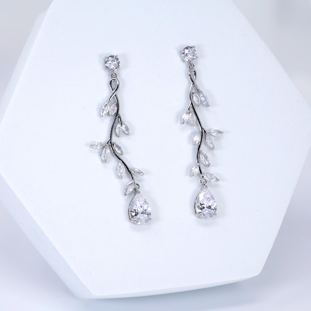 Cubic Zirconia Vine Tear drop Earrings, Long Bridal Earrings, Crystal Bridal Earrings, Statement Earrings, Gold Bride Earring.