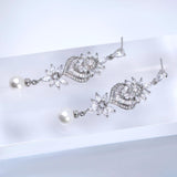 CZ Pearl Drop In The Meadow Earrings, Diamond Earrings, Long Bridal Jewelry, Crystal Bridal Earrings, Statement Earrings Cz
