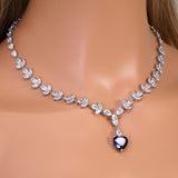 CZ Sapphire Dream Inspired By Blue Heart Of The Ocean Necklace Set, Long Bridal Jewelry, Titanic Statement Earrings.