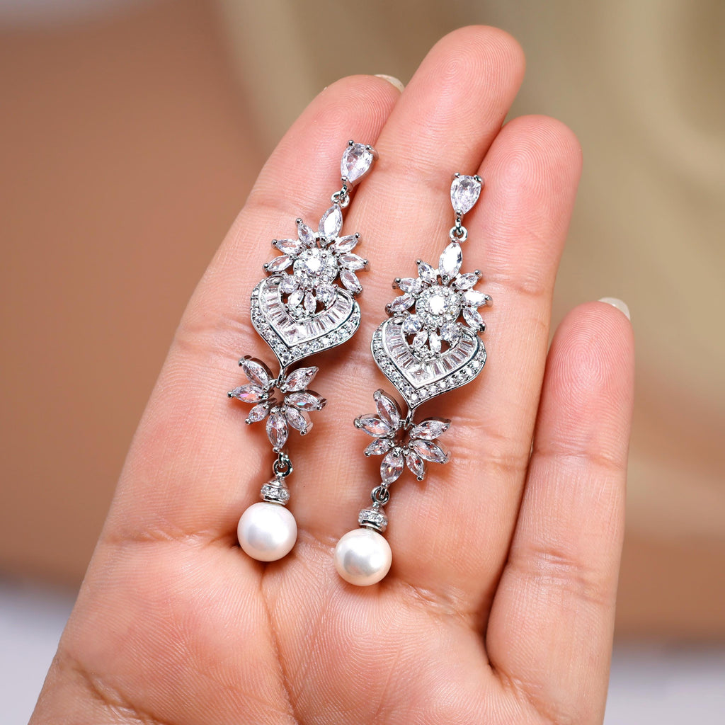 CZ Pearl Drop In The Meadow Earrings, Diamond Earrings, Long Bridal Jewelry, Crystal Bridal Earrings, Statement Earrings Cz