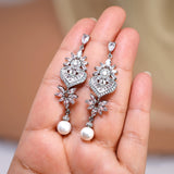 CZ Pearl Drop In The Meadow Earrings, Diamond Earrings, Long Bridal Jewelry, Crystal Bridal Earrings, Statement Earrings Cz
