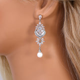 CZ Pearl Drop In The Meadow Earrings, Diamond Earrings, Long Bridal Jewelry, Crystal Bridal Earrings, Statement Earrings Cz
