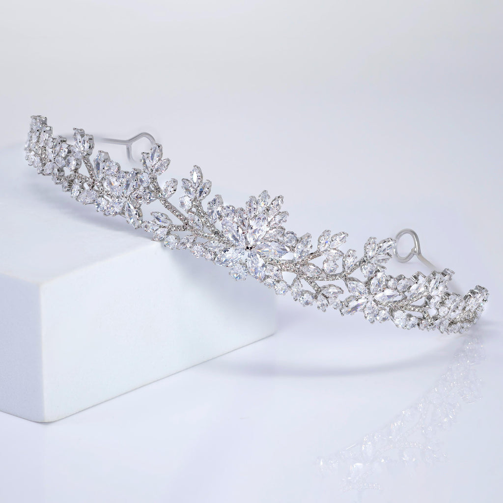 CZ Celeste Flower Leaf Crystal Tiara , bridal Crown Tiara, Floral Leaves crystal wedding tiara, Crystal Bride, Wedding Crown
