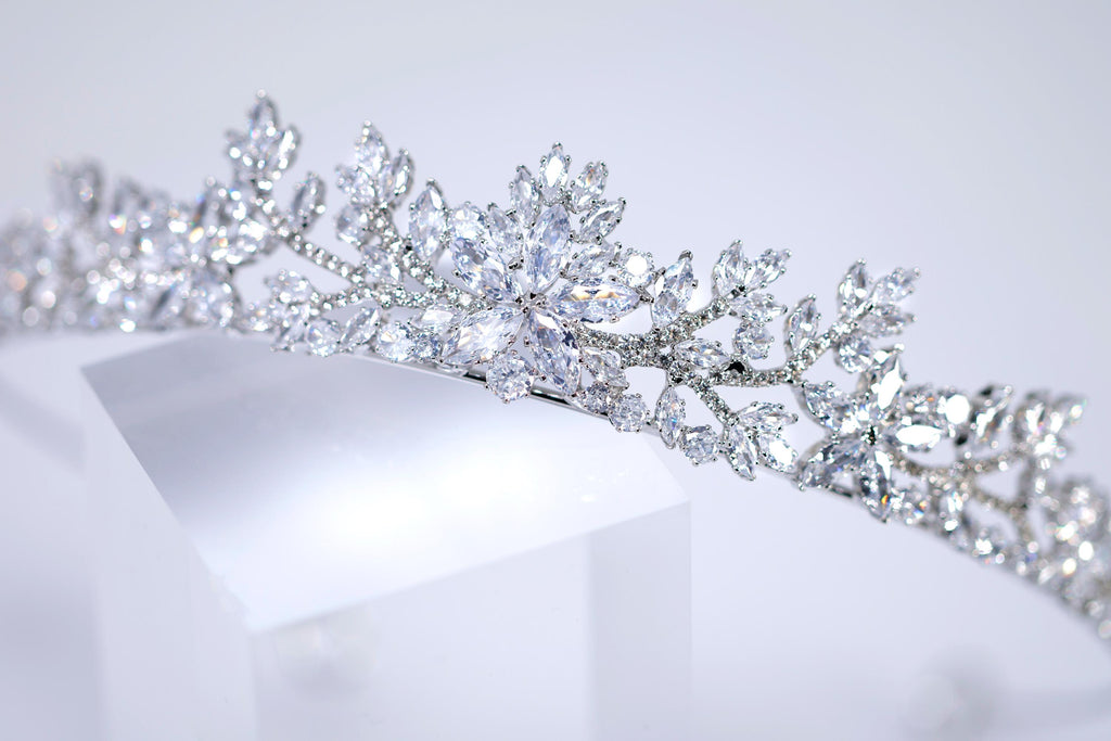 CZ Celeste Flower Leaf Crystal Tiara , bridal Crown Tiara, Floral Leaves crystal wedding tiara, Crystal Bride, Wedding Crown