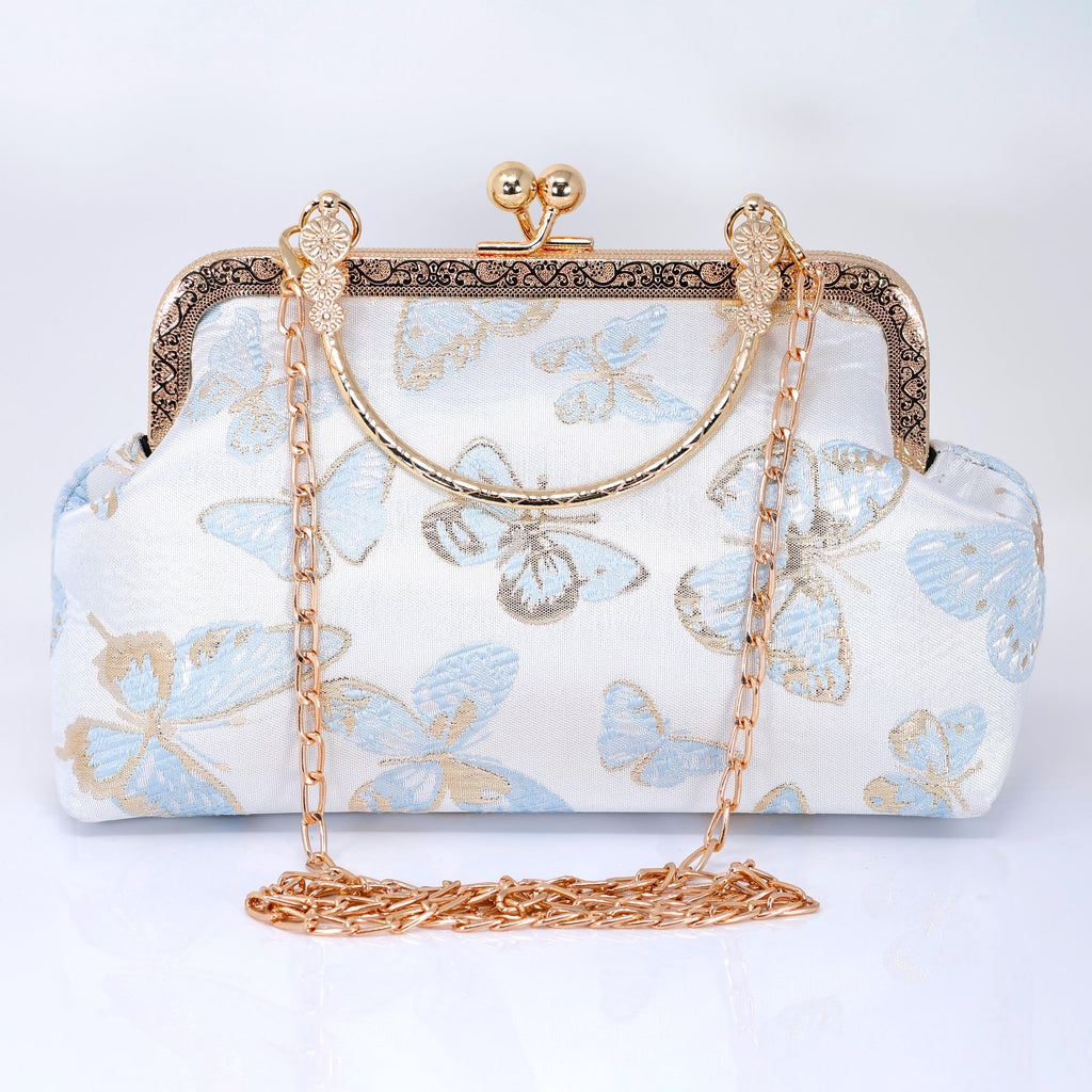 Shimmering Gold Butterflies In The Sky Bridal Wedding Bag, Statement Evening Wedding Clutch, Cross Body Bag